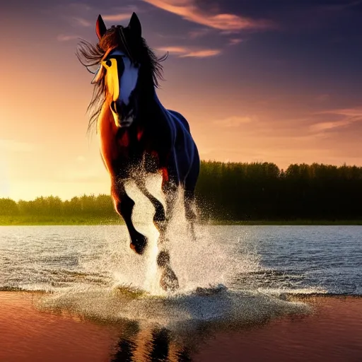 Image similar to a horse running on a lake, with sunset, photorealistic, cinematic, well detailed, HDR, 8k