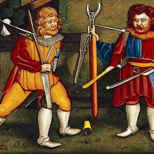 Prompt: 1 5 th century ronald mcdonald siege weapons