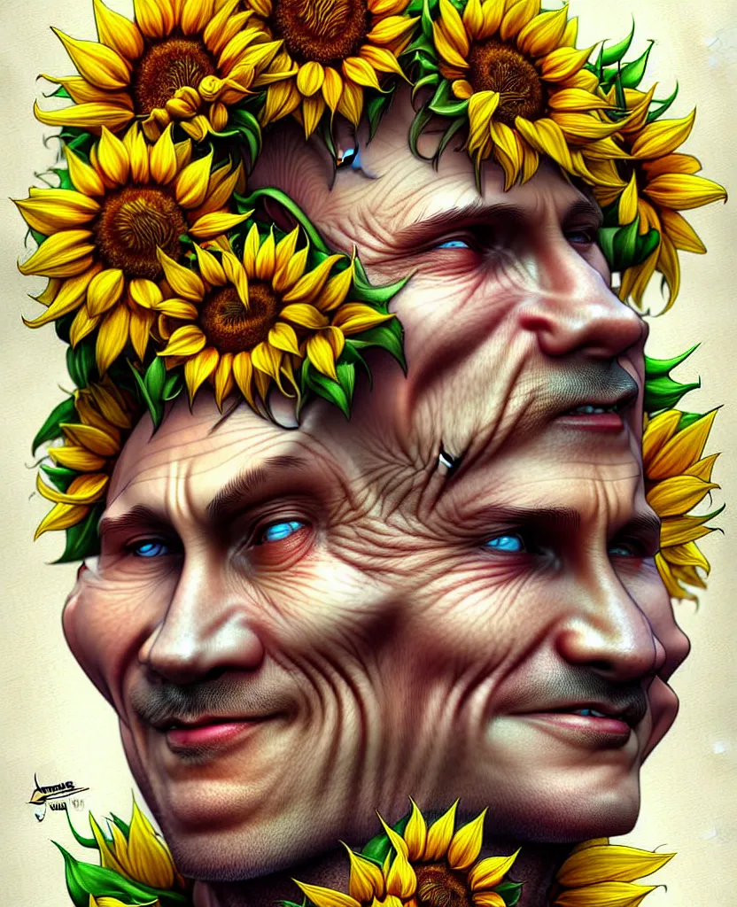 Image similar to digital art, centered full body of Putin smiling king, Sunflower crown, ,intricate, veins, by James Jean and by artgerm , by ross tran ultradetailed, charachter design, concept art, trending on artstation,