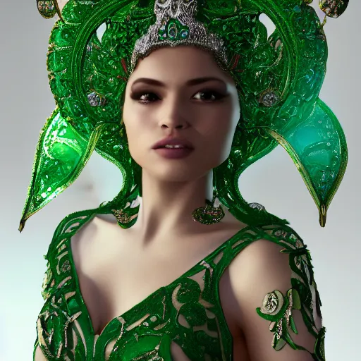 Prompt: portrait of wonderful princess of emeralds with fair skin, green flowers, ornate, 8 k, gorgeous, intricate, detailed, glowing white accent lighting, dramatic lighting, octane render
