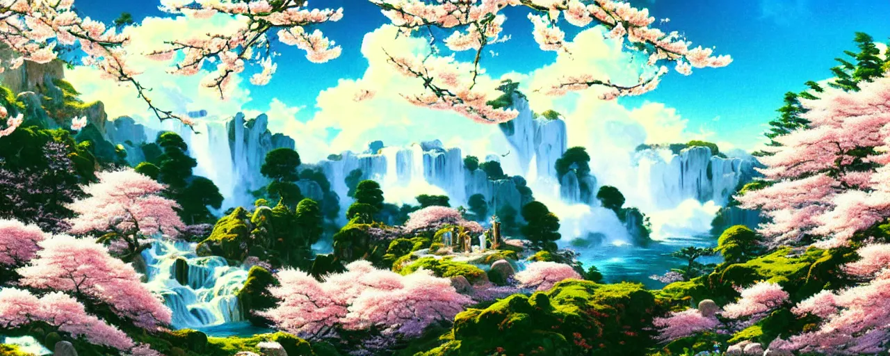 Prompt: ghibli illustrated background of a strikingly beautiful blue sky with puffy white clouds over a flowery rocky grassy mountain valley with waterfalls, and with cherry blossoms by eugene von guerard, ivan shishkin, john singer sargent, 4 k