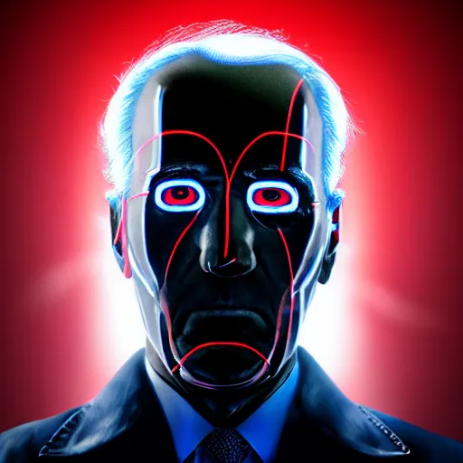 Prompt: cinematic portrait of joe biden with glowing red eyes wearing futuristic armor, black background, dramatic,