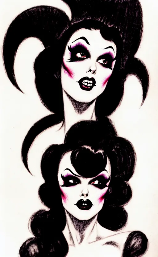 Prompt: goth girl with a detailed face and black hair, burlesque psychobilly, rockabilly, punk, white background, drawing, illustration by frank frazetta