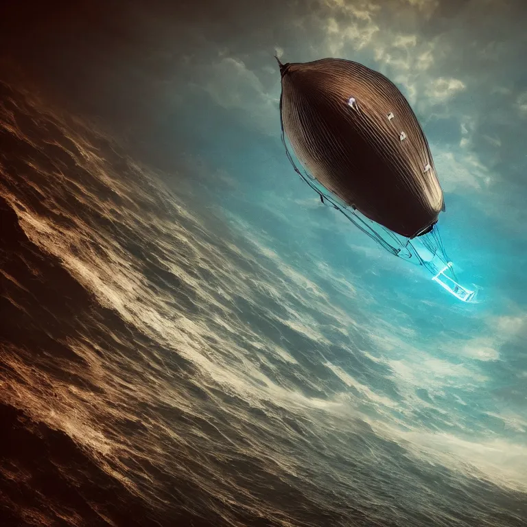 Image similar to a dirigible made of dark matter cruising the depth of the sea , cinematic lighting, photorealistic image, 8k, ultra detailed, high resolution,