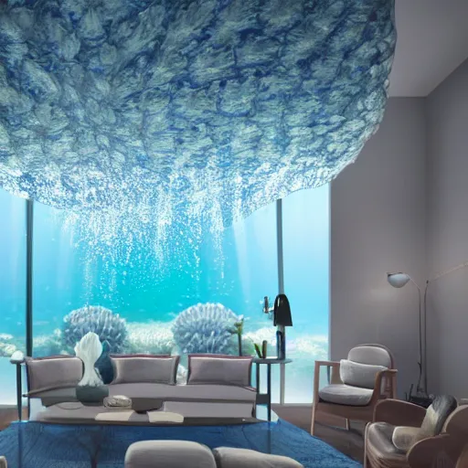 Image similar to the realistic photo of the modern room as aquarium with a chandelier as a big jellyfish, beautiful corals on the walls and sharks in the big panoramic window, under the ocean, realistic colors, realistic shadows, daylight made in blender, hd, 3 d by beeple and damian hirst and greg rutkowski