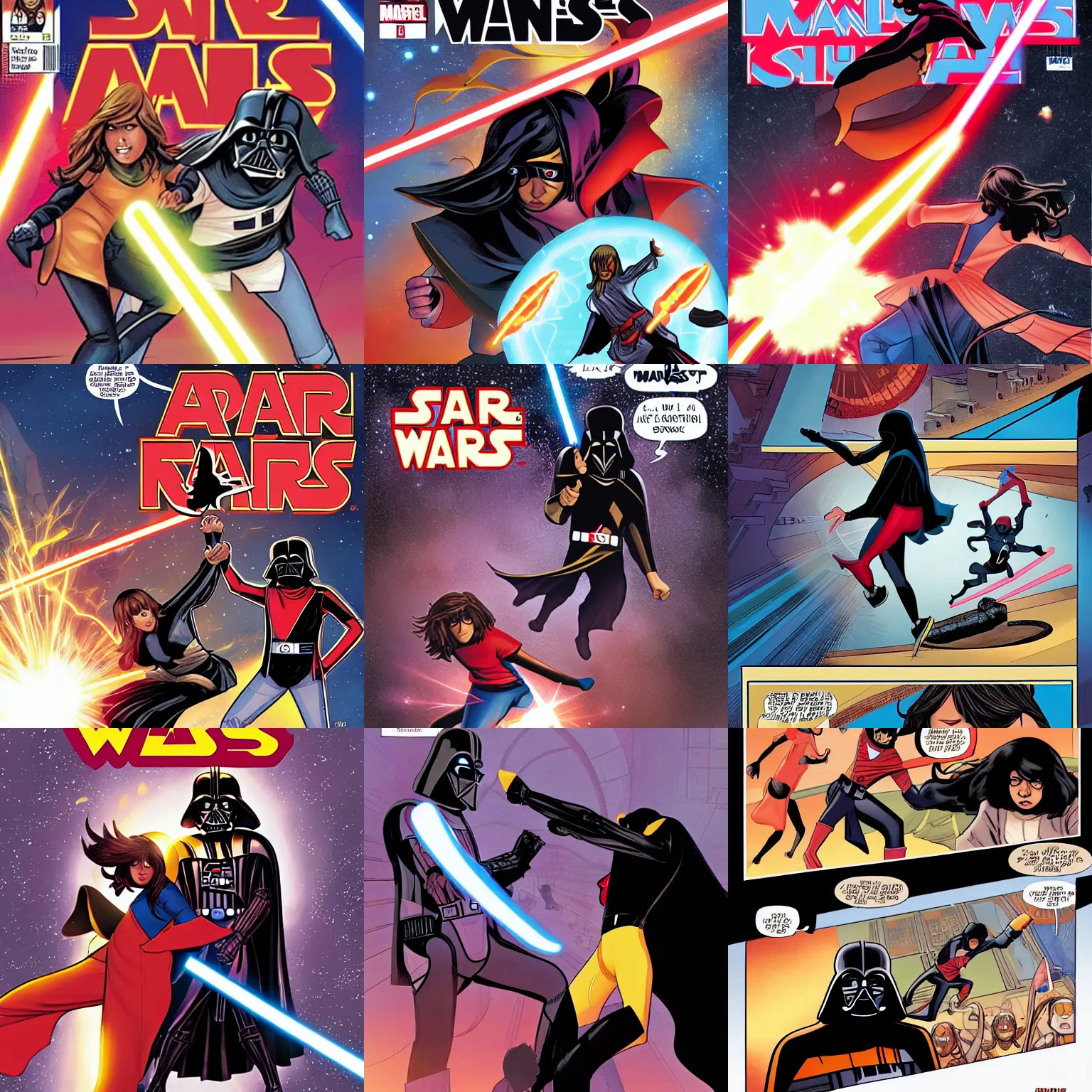 Prompt: Kamala Khan fighting Darth Vader, comic cover for the Marvel comic Ms. Marvel (2016)