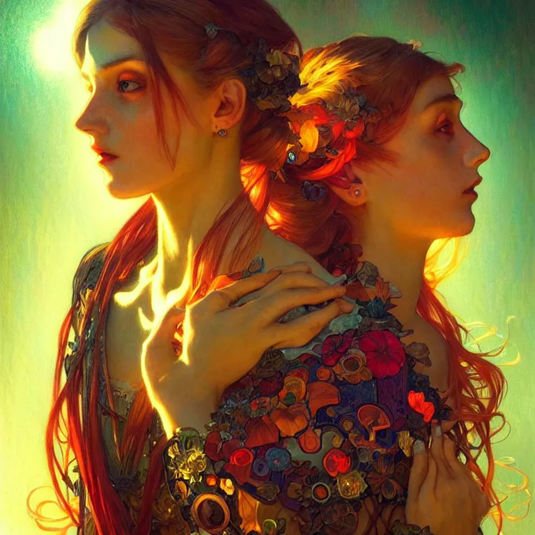 Image similar to bright asthetic portrait LSD glowing backlit, fantasy, intricate, elegant, dramatic lighting, highly detailed, lifelike, photorealistic, digital painting, artstation, illustration, concept art, smooth, sharp focus, art by John Collier and Albert Aublet and Krenz Cushart and Artem Demura and Alphonse Mucha