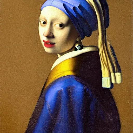 Prompt: An oil painting tronie of a European girl wearing an exotic gold dress, an oriental blue and gold turban, and a very large pearl as an earring, against a dark background, by Johannes Vermeer, 1665.