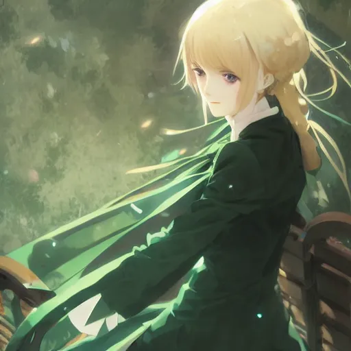 Image similar to victorique de blois anime girl gosick super detailed green eyes green eyes green eyes green eyes black dress blonde hair by greg rutkowski makoto shinkai aramaki shinji artgerm, cushart krenz key art feminine award winning