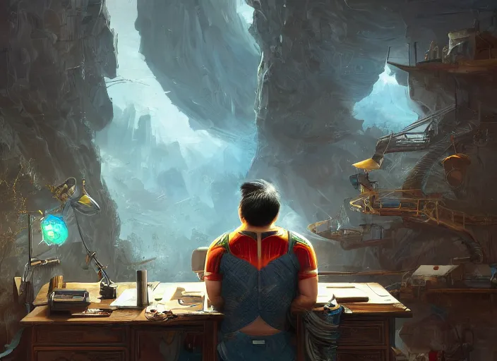 Image similar to an insanely detailed painting of an asian man wearing a homemade superhero costume, sitting at a desk, staring seriously at the computer and typing, in the style of peter mohrbacher, dramatic lighting and composition, surreal background, octane render, pixar, trending on artstation, concept art, comic book, view from behind, 8 k