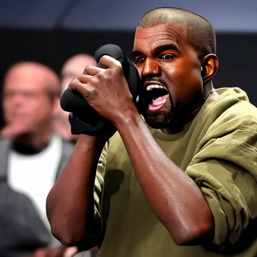 Prompt: kanye west screaming in his headphone mic in genuine anger because he lost his call of duty game