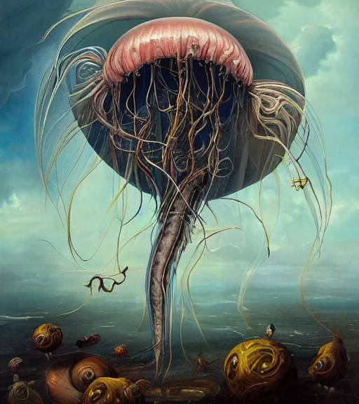 Image similar to an anatomical oil painting of a Harpy jellyfish from a medical journal by Peter Mohrbacher and Nychos, highly detailed, high detail, 8k, storm clouds, birds, dramatic lighting