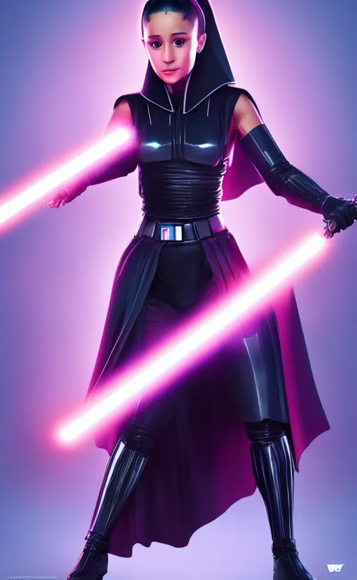 Image similar to Ariana Grande as an evil Sith lord trained by Darth Vader and preparing for a lightsaber duel Star Wars, artstation, Octane Render, 8K resolution, photo realism character art by Artgerm