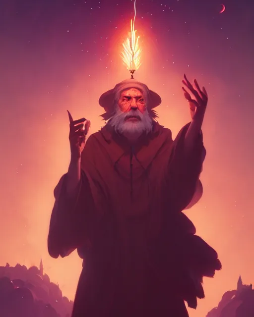 Image similar to highly detailed vfx portrait of an old mage casting a light spell, unreal engine, greg rutkowski, loish, rhads, beeple, makoto shinkai and lois van baarle, ilya kuvshinov, rossdraws, tom bagshaw, alphonse mucha, global illumination, detailed and intricate environment