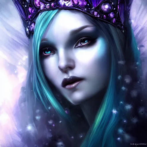 Image similar to detailed portrait of a dark fairy queen, crown, pixie, iris, realism, pale blue, emerald, galaxy, sapphire,dark purple crown,leaves, moonlit, dark fantasy, dramatic lighting, cgsociety, artstation