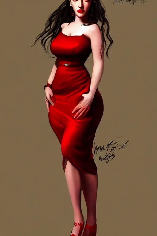 Image similar to Full body Portrait of young, beautiful kat dennings, red dress, full of details, dslr camera quality, photorealistic, concept art, smooth, by Ina Wong and wlop ，trending on cgsociety and artstation，8kHDR，light effect