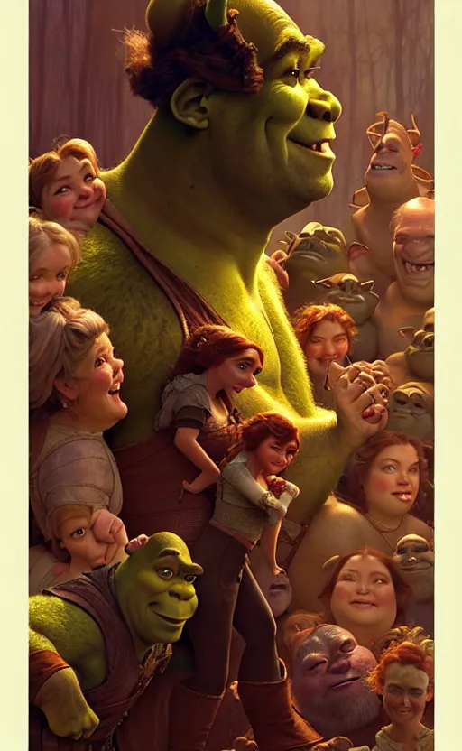 Image similar to shrek, gorgeous lighting by weta studio, mucha, bautista and norman rockwell and greg rutkowski and tom bagshaw and james gurney and lucasfilm