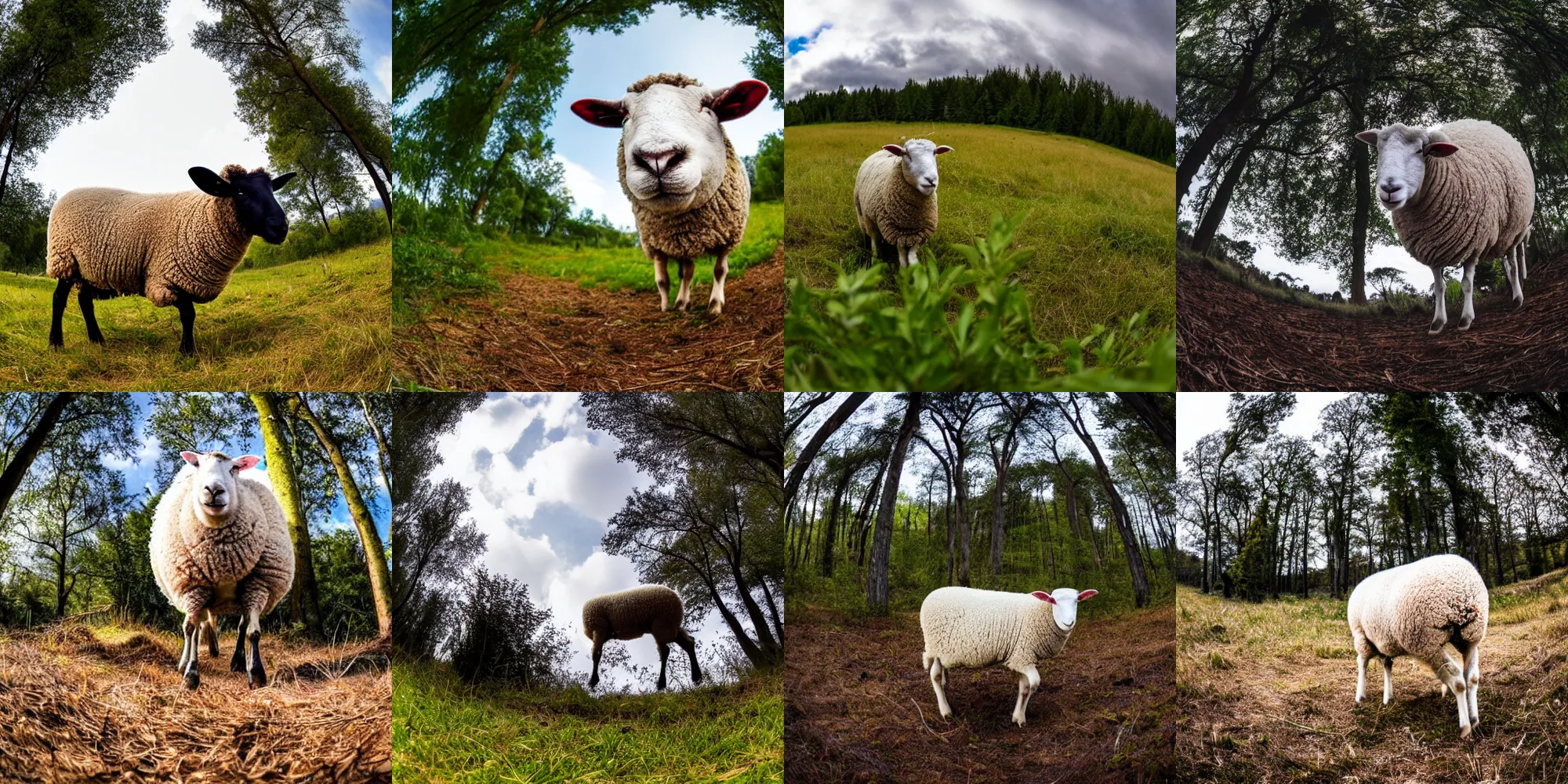 Prompt: closeup photo of a sheep on a clearing, extreme wide angle, fisheye lens