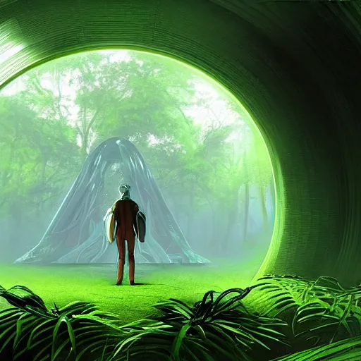 Image similar to portal in a middle of a lush futuristic forest, alien world seen through a portal, person in a cloak standing in front of a portal, syd mead, john harris