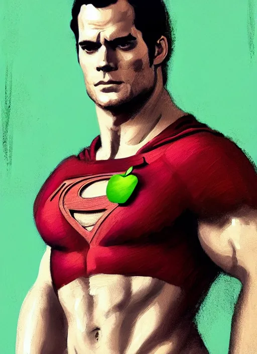 Prompt: a digital painting of Henry Cavill as a beautiful humanoid green apple wearing a red dress, muscular, by netter, style from greg rutkowski, beautiful eyes, full frame, oil painting, featured on artstation, concept art, smooth, sharp focus, illustration, very detailed, ambient lighting, unreal engine render, concept art by Atey Ghailan, by Loish, by Bryan Lee O'Malley