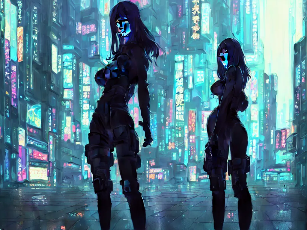 Image similar to Beautiful full body portrait of beautiful cyberpunk woman by Greg Rutkowski and Krenz Cushart and Pan_Ren_Wei and Hongkun_st and Bo Chen and Enze Fu and WLOP and Alex Chow, Madhouse Inc., anime style, crepuscular rays, set in rainy futuristic cyberpunk Tokyo street, dapped light, dark fantasy, feminine figure, smooth skin, gorgeous, pretty face, beautiful fashion model body, high detail, hyper realistic, cgsociety, trending on artstation