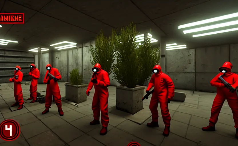 Image similar to in-game screenshot of a group of red hazmat scientists holding guns on unreal engine 5, in a liminal underground garden, photorealistic, retrofuturism, brutalism, staggered terraces, minimalist, soft vintage glow