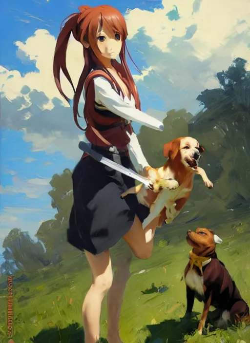 Image similar to Greg Manchess painting of Asuna Yuuki from SAO in casual wear out playing with the dogs, countryside, fantasy character portrait, dynamic pose, above view, sunny day, thunder clouds in the sky, artwork by Jeremy Lipkin and Giuseppe Dangelico Pino and Michael Garmash and Rob Rey, very coherent asymmetrical artwork, sharp edges, perfect face, simple form, wacky, 100mm