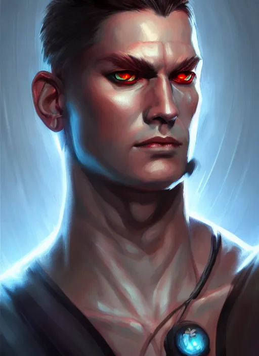 Prompt: « a full length portrait of a muscular cyberpunk male warrior, hitler, glowing eyes, a digital painting by charlie bowater, featured on cgsociety, fantasy art, behance hd, wiccan, artstation hd »