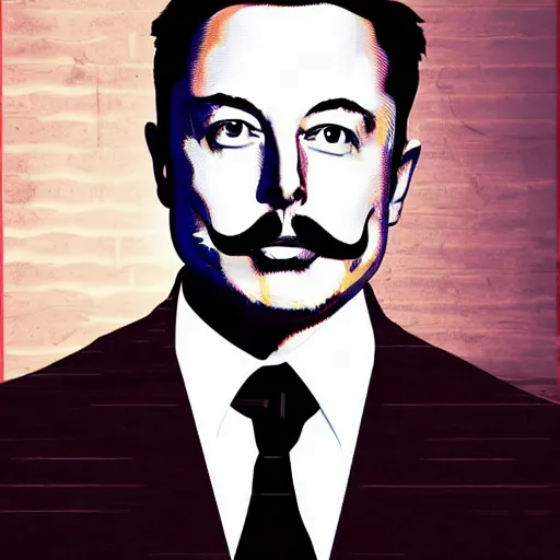 Prompt: Elon Musk in a suit wearing a moustache, digital art, pop art