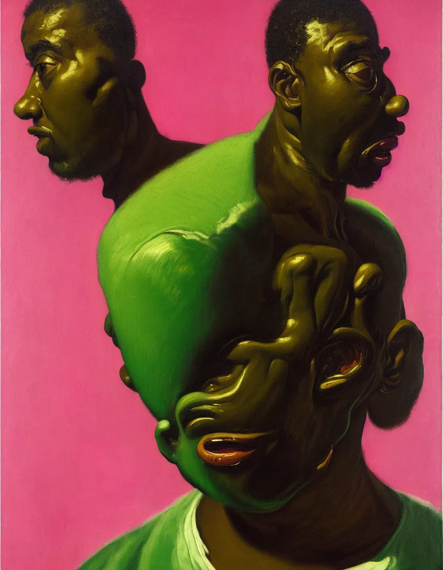 Image similar to portrait of a black man who stares intently, very thoughtful, yet playful, sugary, highly detailed oil painting, by francis bacon, edward hopper, adrian ghenie, glenn brown, soft light 4 k, pink and green colour palette, cinematic composition, cinematic lighting, high quality octane render, masterpiece