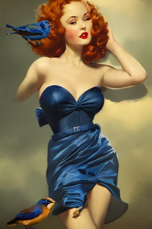 Image similar to hyper realistic painting, tasteful pinup girl holding an indigo bunting, bird, the bird is wearing a bowtie, by greg rutkowski, rossdraws, gil elvgren, enoch bolles, anime, porcelain skin, very coherent