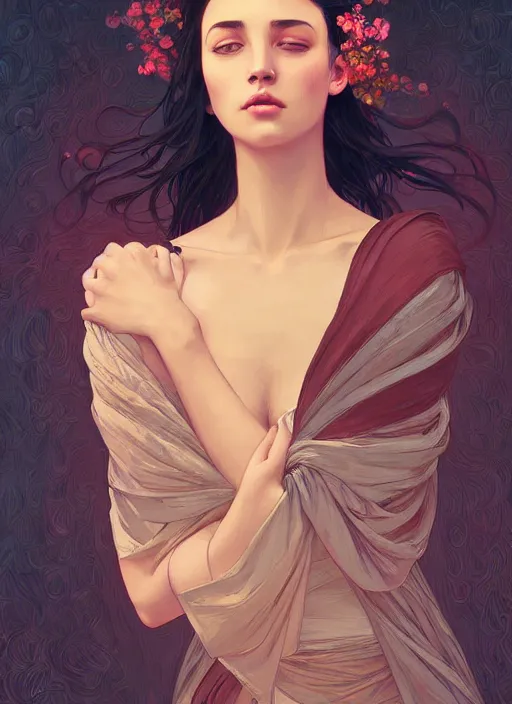 Prompt: handsome young women with shoulder length black hair, half body shot, path traced, highly detailed, high quality, digital painting, alena aenami, lilia alvarado, shinji aramaki, karol bak, alphonse mucha, tom bagshaw