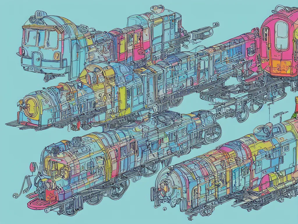 Image similar to colorful blueprint sideview of a anime train, illustration, concept art, autumn light, colorful, beautiful, studio ghibli, hayao miyazaki, takashi murakami, manga, cute and adorable