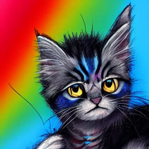 Image similar to wide angle full body, of a fluffy cute rainbow kitten wearing a black motorcycle jacket, concept art