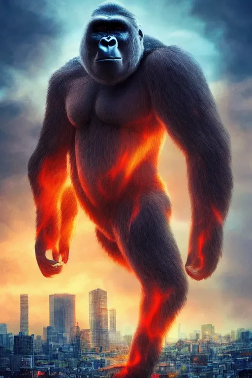 Image similar to concept art of huge gorilla be gorilla on burning tokyo city, cinematic composition, perfect lighting, art station trending