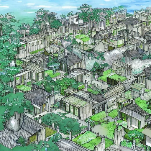 Image similar to concept art of a beautiful new village by masashi kishimoto