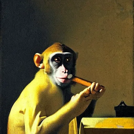 Image similar to Monkey with a cigar in his mouth and smoke coming out, oil on canvas, by Johannes Vermeer