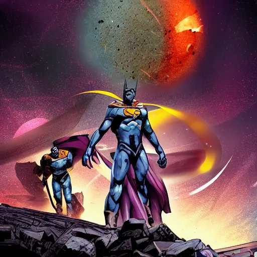 Prompt: A ruined cosmos of broken planets by Daniel Sampere. DC Comics. Dark Crisis on Infinite Earths. 8K Resolution. Comic Illustration. HD. 16k resolution HD HDR
