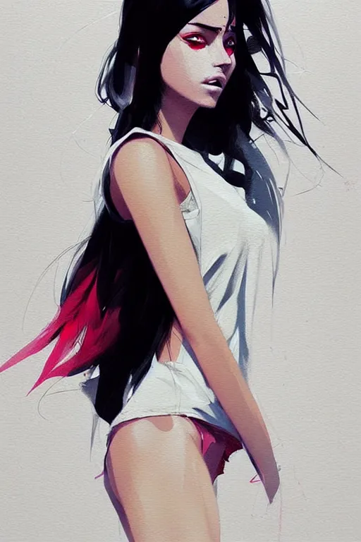 Image similar to a ultradetailed beautiful painting of a stylish woman with a white tank top, by conrad roset, greg rutkowski and makoto shinkai trending on artstation