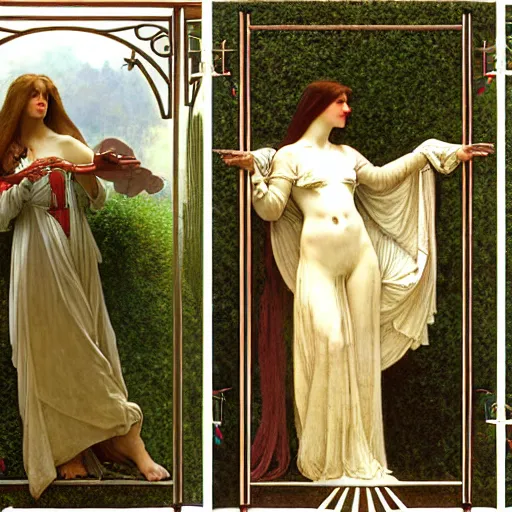 Image similar to A girl with on the front of a Balustrade porch with a hedge maze on the background, major arcana occult clothes, by paul delaroche, alphonse mucha and arnold böcklin arnold böcklin hyperrealistic 8k, very detailed