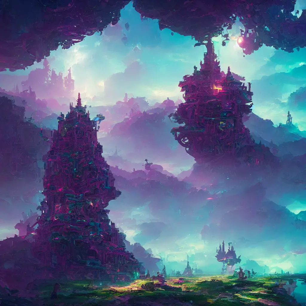 Prompt: looking from space at green sea and dark purple illusion tower in the back, ornate and intricate, by greg rutkowski, by anton fadeev, by rhads, 4 k
