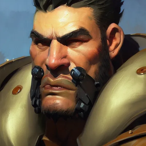 Image similar to greg manchess close - up portrait painting of a handsome older male dieselpunk orc with olive green skin as an overwatch character, medium shot, asymmetrical, profile picture, organic painting, sunny day, matte painting, bold shapes, hard edges, street art, trending on artstation, by huang guangjian and gil elvgren and sachin teng