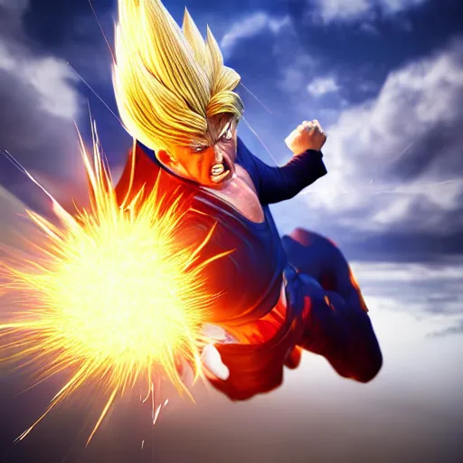 Image similar to photorealistic professional digital art of a highly detailed super sayan trump. accurate trump's face. he flies in the sky preparing a kamehameha. octane render, clear, intricate, highly detailed, unreal engine 5.