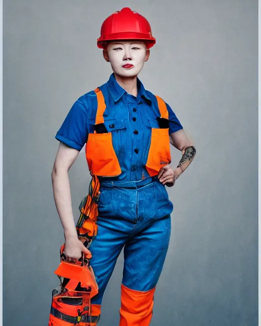 Image similar to highly detailed full body character portrait of a female red head in a construction worker costume, painting with detailed face by Hsiao-Ron Cheng, 8k, high quality, award winning masterpiece, HDR,