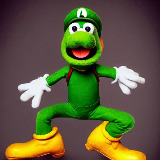 Image similar to A full body still of Luigi as a muppet, photo real, photographic, photograph, artstation, trending, award winning, epic lighting, featured