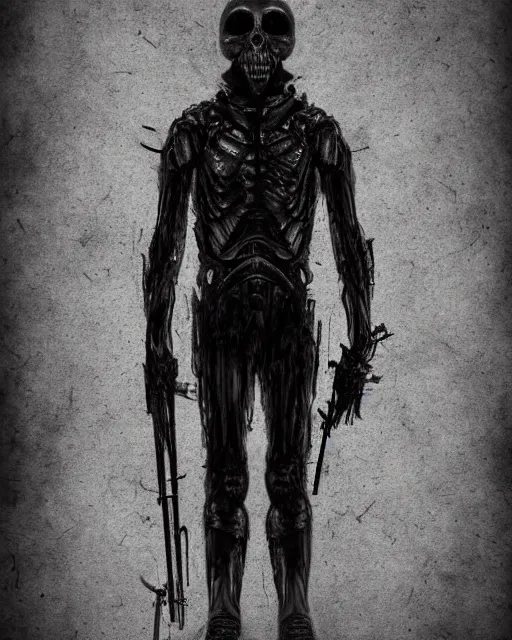 Image similar to full-body creepy realistic sketch central composition a decapitated soldier with futuristic elements. he welcomes you with no head, dark dimension, empty helmet inside is occult mystical symbolism headless full-length view. standing on ancient altar eldritch energies disturbing frightening eerie, hyper realism, 8k, sharpened depth of field, 3D