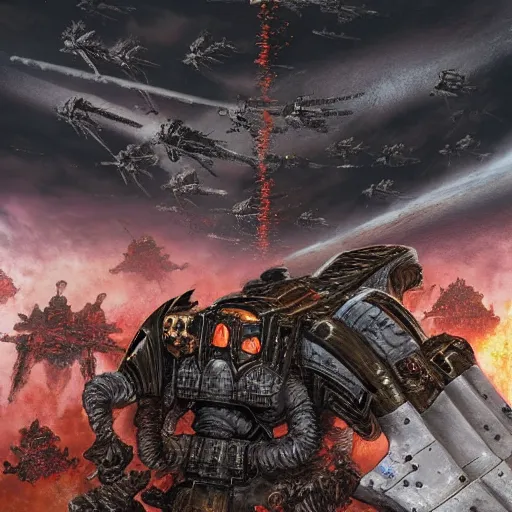 Prompt: The imperial guard of the emperor of mankind, with the last of its strength, holds the defense against the advancing swarm of tyrants, explosions and corpses everywhere, a pile of ruins, broken burning equipment, the action takes place on an unknown planet, against the background of all this spaceships, style arturo gonzalez