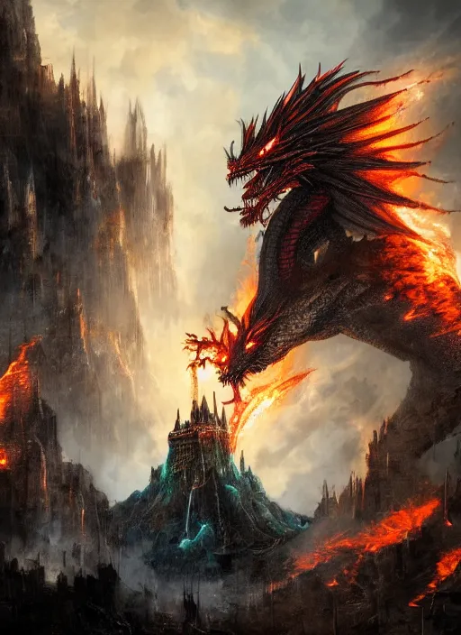 Prompt: fire dragon attacking a wizard's tower, highly detailed, 4 k, hdr, award - winning, directed by zack snyder, trending on art station, matte