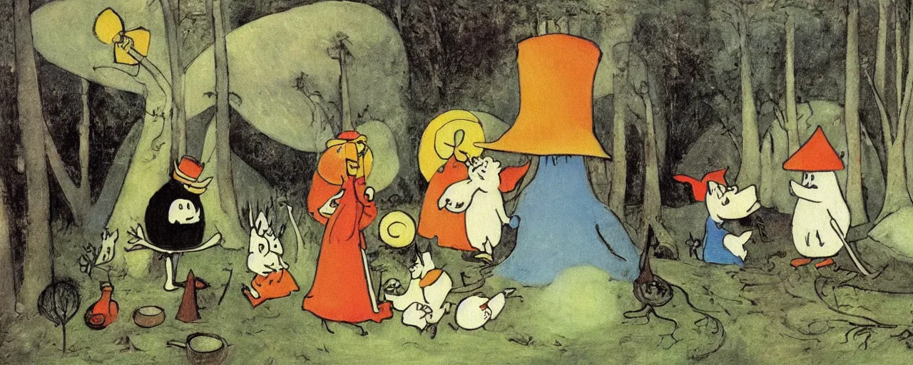 Image similar to the moomins, bosch painting