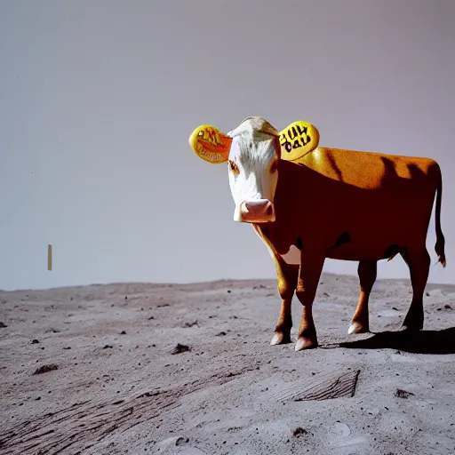 Prompt: wide angle view, colored photo of a cow on the moon, a golden halo ornament on its head, photorealistic, 8 k